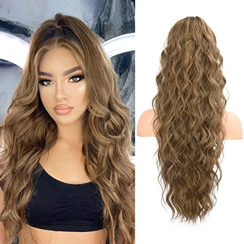Flufymooz Ponytail Extension Pferdeschwanzverlängerung, 66 cm Pferdeschwanz mit Kordelzug Haarverlängerungen, Lockiger Pferdeschwanz Synthetisches Haarteil für Damen (Dunkles Aschblond mit Highlights)
