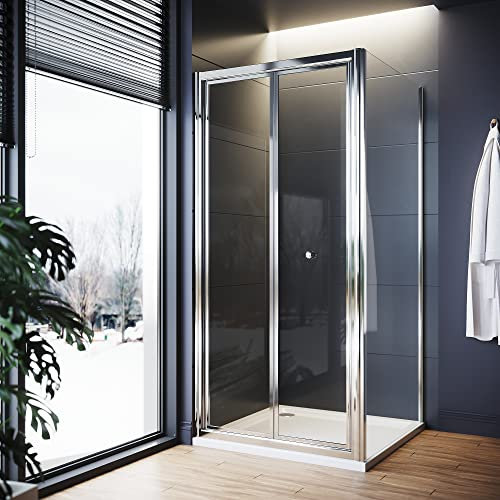 ELEGANT 1000 x 800mm New Bifold Shower Enclosure with Magnetic Reversible Folding Shower Cubicle Door with Stone Tray + Waste Set - Easy to Install