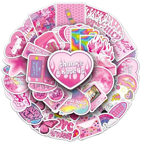 Y2k Aufkleber für Laptop (50 Stück), Geschenk für Kinder, Teenager, Erwachsene, Mädchen, Jungen, wasserdichte Aufkleber für Wasserflasche, rosa Vinyl-Aufkleber für Scrapbooking, Skateboard, Fahrrad,