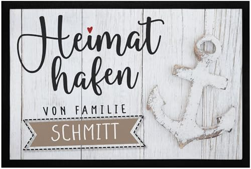 SpecialMe® Fußmatte Heimathafen von Familie mit Namen personalisiert Anker Motiv Maritime Deko Meer rutschfest & waschbar Weiss schwarz 60x40cm