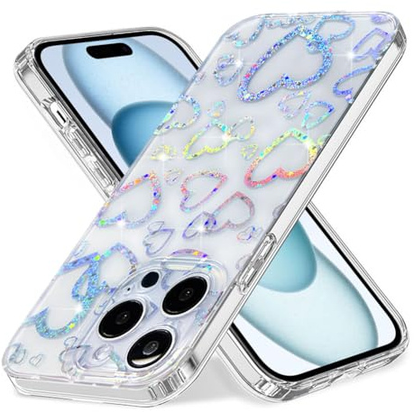 Efitoo Designed for iPhone 15 Pro Case Clear with Holographic Hearts Design Cute Bling Glitter Sparkle Laser Love Transparent Shockproof Protective Sturdy Phone Cover for Women Girls