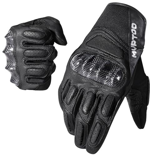 WTACTFUL Goatskin Leather Carbon Motorcycle Gloves for Men & Women Full Finger Touchscreen Motorbike Gloves for BMX ATV MTB Riding Road Racing Motocross Black L