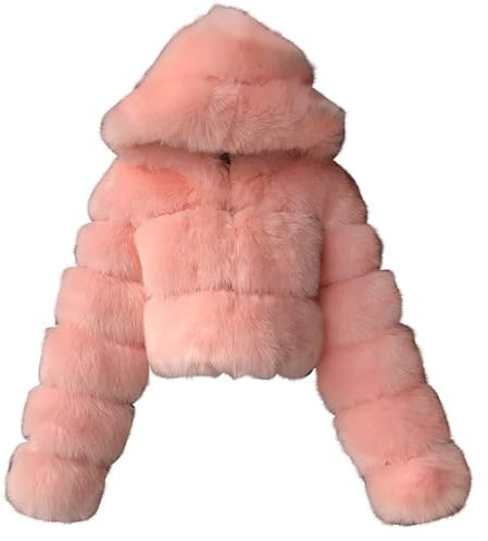 PengGengA Cappotto di Pelliccia Sintetica da Donna Morbido Cappotto di Peluche con Cappuccio Cardigan in Pelliccia Sintetica Giacca Corta Crop Top Manica Lunga - Rosa, S