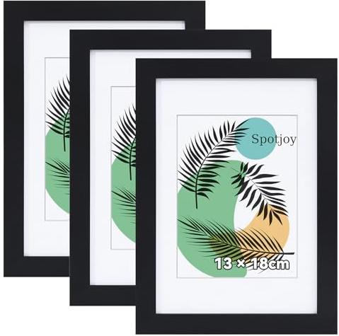 Spotjoy Bilderrahmen 3er Set 13x18 cm mit Passepartout | Holzrahmen Rahmen für Tisch- und Wandmontage Zertifikatsrahmen mit Acrylglas für Fotos, Poster, Porträts, Schwarz