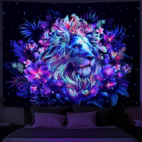 Galoker Schwarzlicht-Wandteppich mit Löwenmotiv, UV-reaktiv, Neonpflanze, floraler Wandteppich, Galaxie, Weltraum-Tapisserie, Wandbehang für Heimdekoration (H x B) 150 x 200 cm