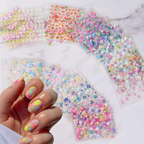 SPLOCUDU Colorful Cute Daisy, Floral, Heart, Flower Nail Art Stickers Decals, 3D Self Adhesive Supplies, Design Decoration Accessories for Women and Girls, 30 Sheets