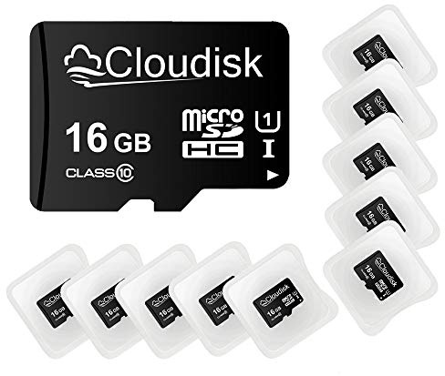 Cloudisk Lot de 10 Cartes mémoire Flash Micro SD 16 Go C10 A1 U1 Micro SDHC avec Adaptateur SD, Lecteur de Cartes