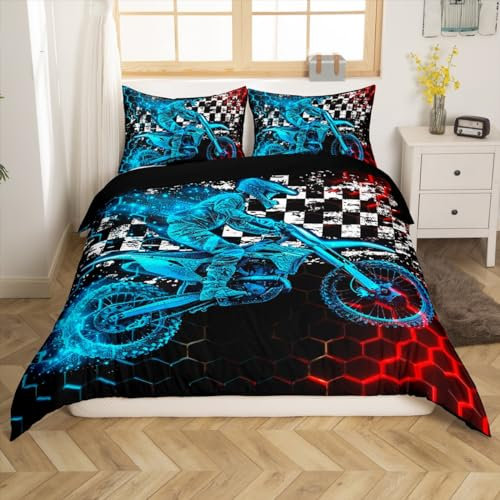 Feelyou Motocross-Bettwäsche-Set, schwarz, rot, blau, Dirtbike-Reiter, Waben-Bettbezug, Kinder-Renngitter, Trösterbezug, modische Motorrad-Tagesdecke, Bezug mit 2 Kissen, 3-teilig, King-Size-Bett,