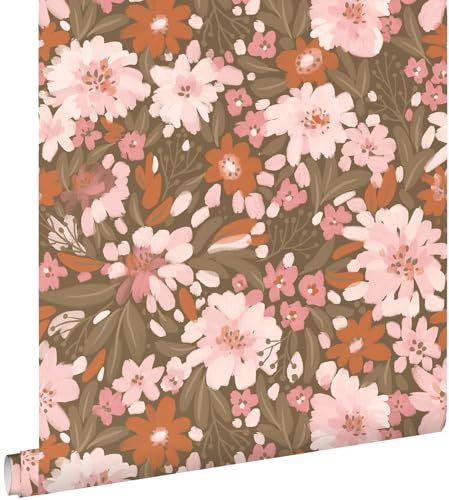 papier peint fleurs rose clair, terracotta et vert grisé 50 x 900 cm - ESTAhome