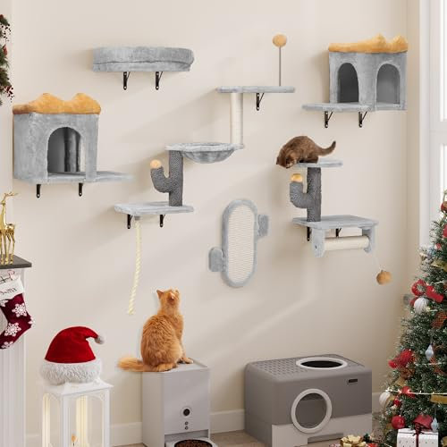 YITAHOME Ensemble de 7 Murs d'escalade pour Chats, Cadre d'escalade en Peluche Robuste pour Chats, Tours de Jeu pour Chats avec Maison, Hamac pour Chat et Boule Suspendue, Gris Clair et Jaune