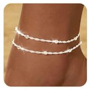 Nayyana Bracelet de cheville double couche en argent pour femme, imperméable, plaqué argent 925, anti-ternissement, délicat, multicouche, perles, ensemble de cheville pour la plage