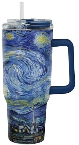 RainCaper 18/8 Stainless Steel Insulated Water Tumbler with Straw | 30oz, BPA-Free, Double Wall for Hot & Cold | Travel-Friendly, Cup Holder Ready (van Gogh Starry Night)