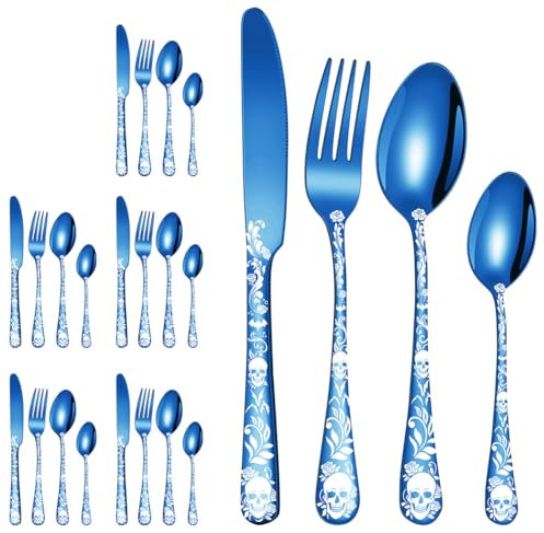XIAOYU Set di posate con teschio di Halloween, set di posate in acciaio inossidabile da 24 pezzi per 6, set di posate con teschio gotico per Halloween Pasqua Natale, blu