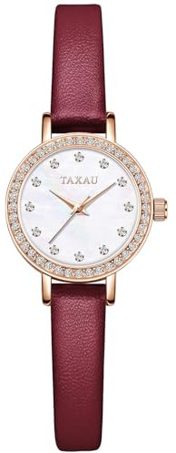 Taxau Mode Lederuhren für Damen Elegent Mode Frauen Wasserdicht für kleine Handgelenke Uhren mit Diamant Weiß Gesicht Analoge Quarzuhren