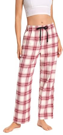Cyathea Pantalon de pyjama pour femme - 100% flanelle de coton - Pantalon de pyjama à carreaux - Avec poches - Vêtement de nuit - Bas de pyjama doux pour femme - Taille réglable avec cordon de