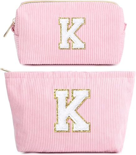 2 Pièces Sac à Cosmétiques Rose en Velours Côtelé avec Initiales, Pochette Cosmétique Grande Capacité Trousse de Toilette de Voyage Femmes Filles Cadeaux d'anniversaire Noël Sac de Rangement(K)
