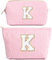 2 Pièces Sac à Cosmétiques Rose en Velours Côtelé avec Initiales, Pochette Cosmétique Grande Capacité Trousse de Toilette de Voyage Femmes Filles Cadeaux d'anniversaire Noël Sac de Rangement(K)
