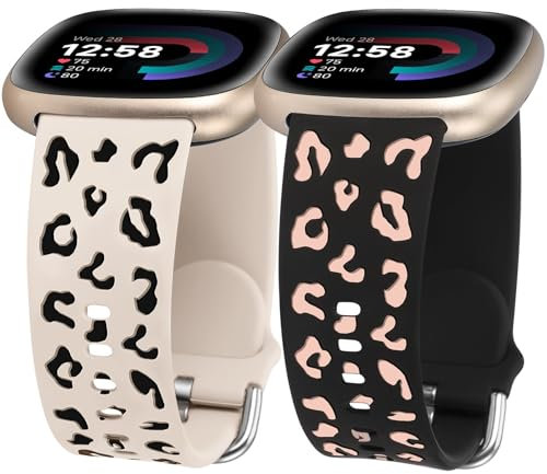 TOYOUTHS 2 Stück Leopard Gravierte Armband kompatibel mit Fitbit Versa 4/Versa 3/Sense 2/Sense Armband, Frauen Männer Zweifarbig Gepard Sport Silikon Armbänder für Versa 4, Polarstern/Schwarz Pink