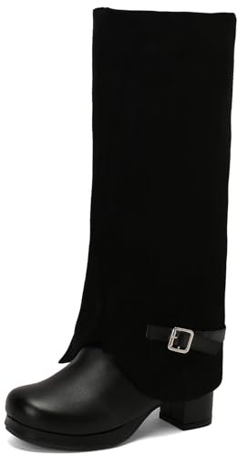 Lizoleor Tacco A Blocco Donna Knee Stivali Al Polpaccio Con Risvolto Fibbia Tacco Medio Punta Rotonda Plateau Zip Laterale Stivali Equitazione Nero-S Numero 40.5 EU/42Cn
