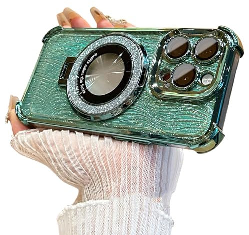 For iphone 16 Pro Max Case Glitter Folding Holder Hard Case, 4 Corners Airbag Magnetic Anti-Fall with Invisible Ring Bracket Case Cover for iPhone 16 15 14 13 12 Pro Max (Green,16Pro)