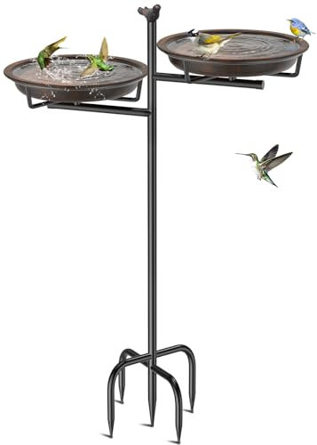 VeyFolzin.st Vogeltränke Vogelbad Schale Stehend, 2-in-1 Vogelbad für Draußen Garten mit Doppelbecken für Wasser und Futter, Metall Vögel Vogelbecken für Gartendeko(Retro Braun)