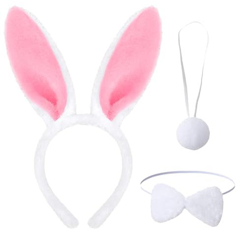 3 Stück Hasenohren Haarreif Set,Niedliche Hase Ohren Haarbänder Stirnband,Plüsch Hasenohren Fliege Schwanz Party Zubehör,für Ostern Karneval Party Cosplay Kostüm Dekoration Kinder Erwachsene (Rosa)