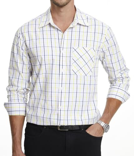 Enlision Mens Plaid Shirt Long Sleeve Check Shirts for Men Smart Casual Button Down Checked Lumberjack Formal Business Work Top with Pocket Regular Fit, Yellow Blue White, L