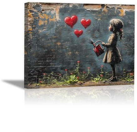 WIKEO Banksy Moderne Bilder, Abstraktes Mädchen Bewässern Wohnzimmer Pop Art Wandbilder Posters & Prints KüChenbilder,Leinwand Bilder Schlafzimmer - 50x70cm Gerahmt(schwarz)