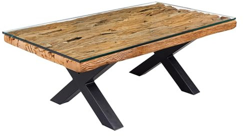 Riess Ambiente Massiver Couchtisch Barracuda - 110cm - antik Natur - recyceltes Teakholz X-Gestell Glasplatte