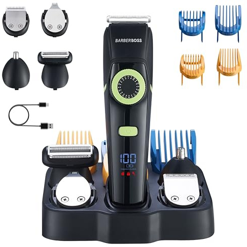 BarberBoss Haarschneider, Bartpflege-, Ohr- und Nasenhaarschneider, Präzisions-Zifferblatt, Keramikklinge, 4 Führungskämme, wasserdicht, LED-Anzeige