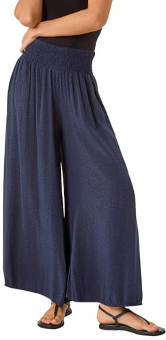 Roman Originals Animal Print Ruched Wide Leg Trouser for Women UK - Ladies Everyday Holiday Spring Summer Comfy Soft Evening Vacation Work Party - Navy Animal - Size ONE