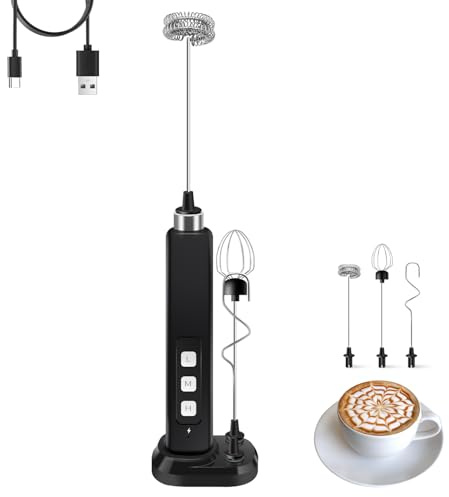 Rechargeable Milk Frother Handheld with 3 Detachable Stainless Whisks, 3 Speed Adjustable Drink Mixer, Mini Frother Wand for Coffee, Matcha, Protein Shakes, with Charging Base and Whisk Storage