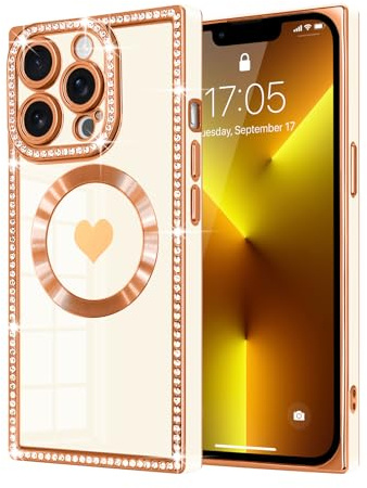 Urarssa for iphone 13 Pro Case Rectangle, with Glitter Diamonds, White | Bling Cute Love Heart Pattern Plating Soft TPU Bumper, Slim Shockproof Anti-scratch Phone Cover for Women Girls