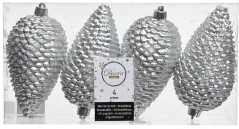 Kaemingk Christbaumschmuck Zapfen Kunststoff 12cm x 4 Stück Weihnachtskugeln Christbaumkugeln Silber