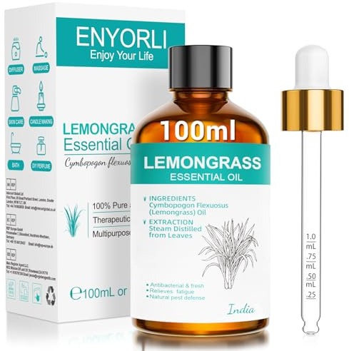 ENYORLI Aceite Esencial de Limoncillo 100 ml Aroma Herbal para Difusor | Aroma Herbal Fresco para Aromaterapia Hogar y Mezcla DIY Fácil de Combinar con otros Aceites para Jabones y Velas Artesanales