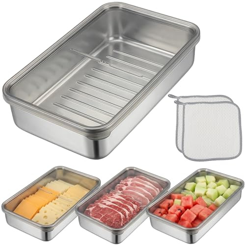 Yuaerbuo Set mit 4 Aufschnittbox Fresh mit Deckel, Edelstahl Aufschnittboxen für Kühlschrank, Aufschnittdosen Stapelbar mit 2 Tücher, Kühlschrank Organizer Aufschnitt für Käse Fleischprodukte