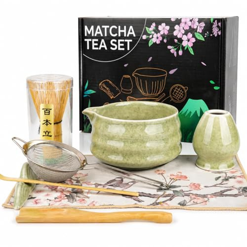 Traditional Japanese Matcha Set & Complete Matcha Kit - 8-Piece Authentic Tea Ceremony Set with Ceramic Bowl, Bamboo Whisk (Chasen), Holder, Sifter & Scoop - Ideal Matcha Gift Set