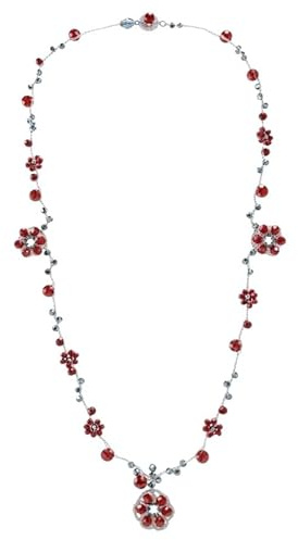 Collana artigianale fatta a mano, lavorata all'uncinetto a fiori con filato Lurex argento, cristalli in vetro rossi e argento, chiusura asola con bottone di Cristallo - Idea regalo. Pezzo unico.