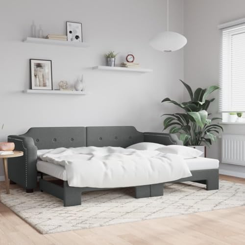 YunCangg Tagesbett Ausziehbar Dunkelgrau 80x200 cm Stoff 2-in-1 Gästebett mit Metallrahmen und Holzgestell, Schlafsofa mit Schaumstofffüllung, platzsparend, robust und vielseitig