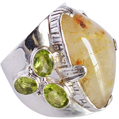 Ravishing Impressions Statement-Ring mit goldenem Rutil-Peridot, weiß, rhodiniert, Krappenfassung, ausgefallener ovaler Cabochon-Edelsteinring, 26 x 15 mm, 7 x 5 mm, einzigartiger Designer-Ring