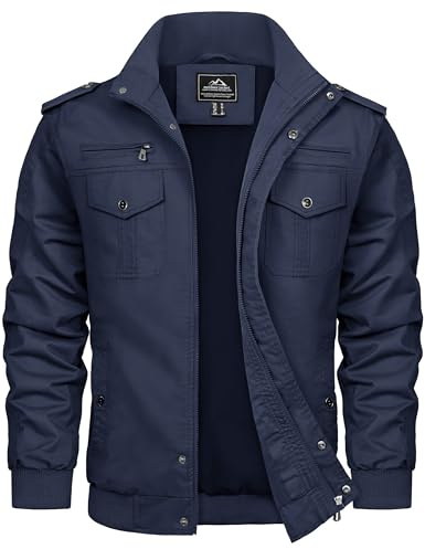 TACVASEN Herren Übergangsjacke Frühlingsjacke Stehkragen Cargo Jacke Militär Baumwolle Arbeitsjacke mit Vielen Taschen