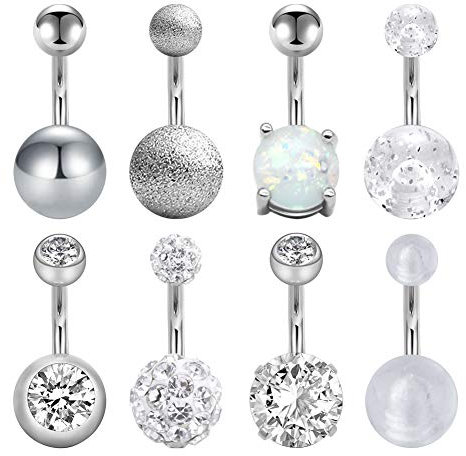 Mayhoop 8pièces 14G Piercing Nombril Acier Chirurgical CZ & Opale Anneau de Nombril Piercing de Ventre Argent Femme Homme Bijoux de Piercing 8mm