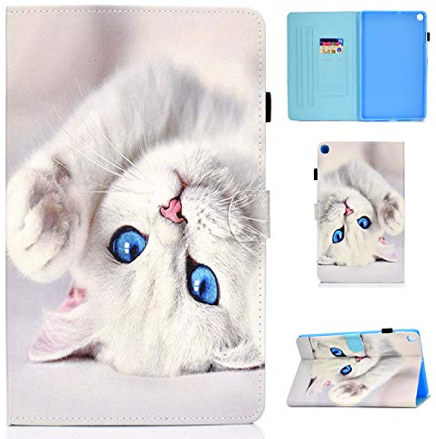 Succtop Etui Galaxy Tab A 2019 10.1 Case Housse en Cuir PU Flip Stand Portefeuille Tablet Coque de Protection avec Porte-Stylet pour Samsung Galaxy Tab A 2019 10.1 Pouce SM-T510/SM-T515 Chat Blanc