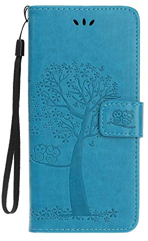 Skhawen iPhone 11 Case, Flip Shockproof PU Leather Embossed Owl Wallet Magnetic Cover for iPhone 11 with Card Holder Viewing Stand, Blue