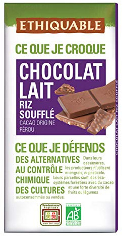Ethiquable - Tablette Chocolat Lait Riz Soufflé Pérou 100G - Vendu par unité