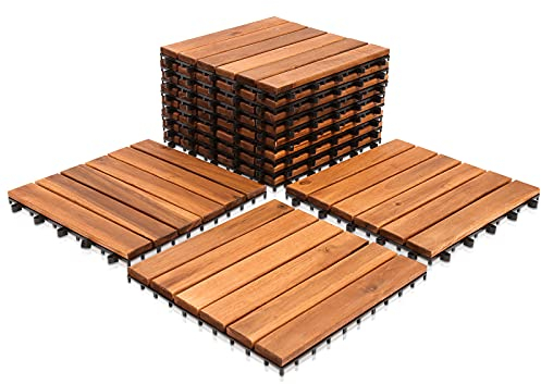 SWANEW Holzfliesen 33-er Kachel Set,3m², geeignet als Terrassenfliesen und Balkonfliesen, aus Akazien Holz, 30x30 cm, für Garten Terrasse Balkon