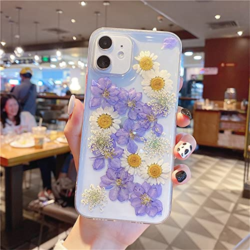 EYZUTAK Case for iPhone XR, Clear Soft Gel TPU Flexible Rubber Handmade Real Dried Flower Leaf Embedded Pressed Floral Protective Bumper Women Girls Back Cover - Purple Flowers&Daisy