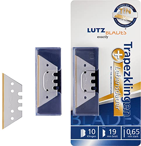 LUTZ BLADES Profi Trapezklingen TiN, Cuttermesser Klingen 18mm, 0,65mm stark, 10 Ersatzklingen für Cutter- und Teppichmesser, extra lange Lebensdauer, für Wand- und Dacharbeiten, Teppich und mehr