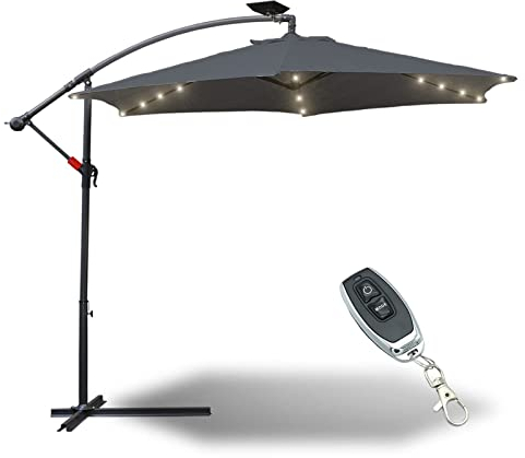 Sonnewelt Parasol déporté en aluminium Ø 350 cm avec LED Solaire | Parasol de jardin exterieur | Parasol de jardin en aluminium anti-UV | Parasol à manivelle avec pied imperméable (Gris)