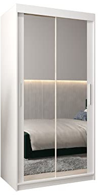 E- MEUBLES Armoire de Chambre avec 2 Portes coulissantes et Miroir, Penderie (Tringle) avec étagères (LxHxP): 100cmx200cmx62cm TORM 3 Blanc